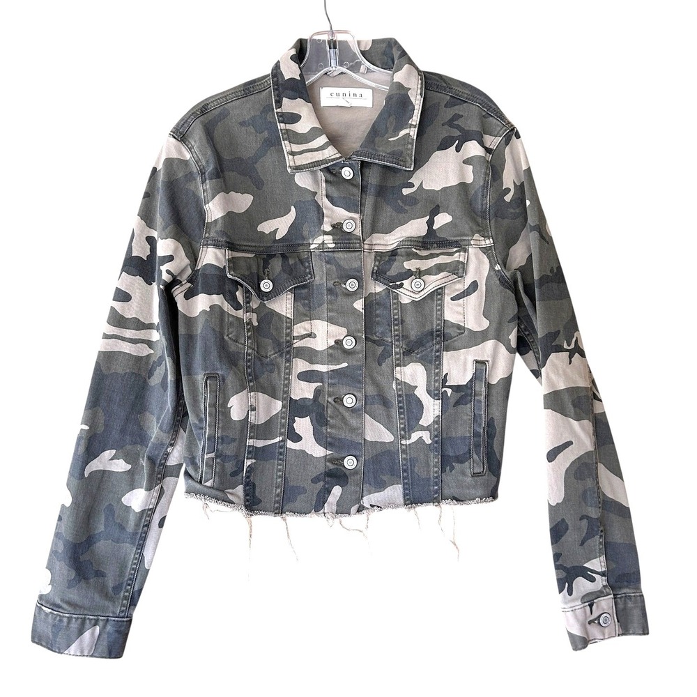 Eunina Women's Camo Jacket Size L Denim Raw Hem Utility Streetwear